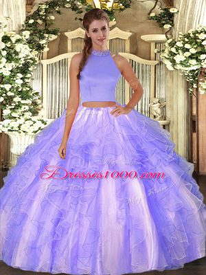 Eye-catching Lavender Backless Halter Top Beading and Ruffles Quinceanera Dresses Organza Sleeveless