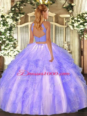 Eye-catching Lavender Backless Halter Top Beading and Ruffles Quinceanera Dresses Organza Sleeveless