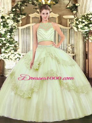 Floor Length Zipper Quinceanera Gown Yellow Green for Military Ball and Sweet 16 and Quinceanera with Beading and Appliques