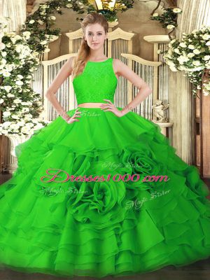 Custom Fit Green Two Pieces Ruffles 15 Quinceanera Dress Zipper Tulle Sleeveless Floor Length