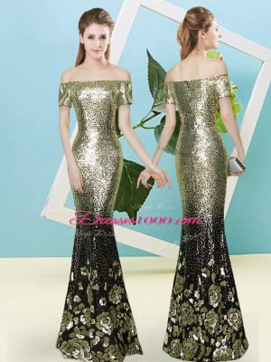 Customized Gold Short Sleeves Sequins Floor Length Prom Evening Gown