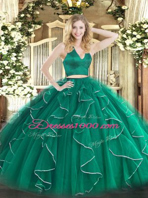 Delicate Halter Top Sleeveless Zipper Quinceanera Dress Dark Green Organza