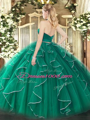 Delicate Halter Top Sleeveless Zipper Quinceanera Dress Dark Green Organza