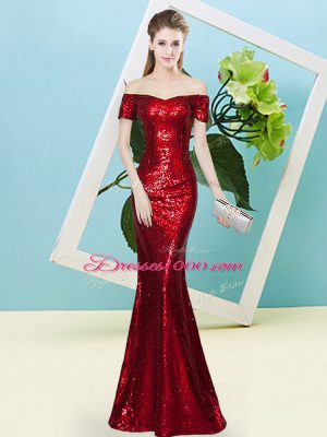 Beauteous Wine Red Short Sleeves Sequined Zipper Prom Dress for Prom and Party