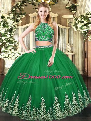 Dark Green Sleeveless Tulle Zipper Vestidos de Quinceanera for Military Ball and Sweet 16 and Quinceanera