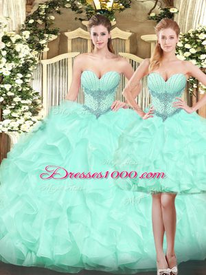 Apple Green Sleeveless Floor Length Ruffles Lace Up Vestidos de Quinceanera