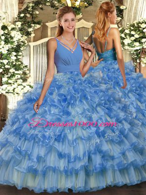 Shining Floor Length Backless Quinceanera Gowns Baby Blue for Military Ball and Sweet 16 and Quinceanera with Ruffled Layers