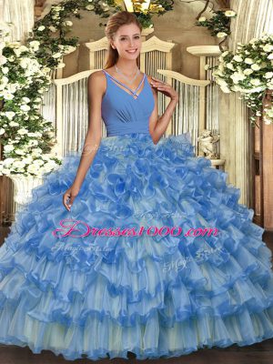 Shining Floor Length Backless Quinceanera Gowns Baby Blue for Military Ball and Sweet 16 and Quinceanera with Ruffled Layers