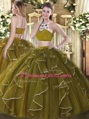 Colorful Floor Length Backless Sweet 16 Dresses Olive Green for Military Ball and Sweet 16 and Quinceanera with Beading and Ruffles