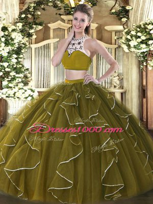 Colorful Floor Length Backless Sweet 16 Dresses Olive Green for Military Ball and Sweet 16 and Quinceanera with Beading and Ruffles