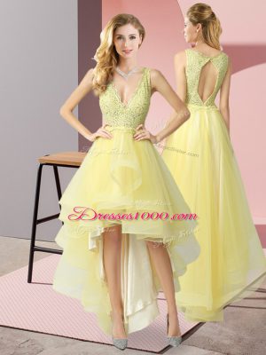 Elegant Yellow Sleeveless Beading and Lace High Low Quinceanera Court Dresses