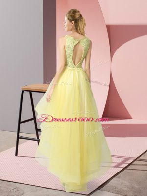 Elegant Yellow Sleeveless Beading and Lace High Low Quinceanera Court Dresses