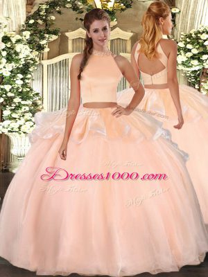 Graceful Peach Halter Top Backless Beading Quince Ball Gowns Sleeveless
