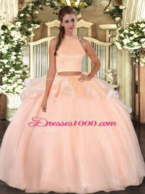 Graceful Peach Halter Top Backless Beading Quince Ball Gowns Sleeveless