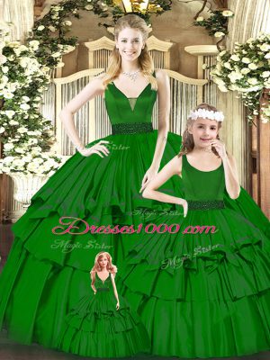 Fashionable V-neck Sleeveless Zipper Sweet 16 Quinceanera Dress Green Organza
