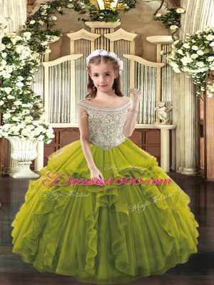 Sleeveless Floor Length Beading and Ruffles Lace Up Pageant Dress Womens with Olive Green