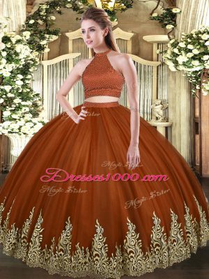 Rust Red Sleeveless Tulle Backless Quinceanera Gowns for Military Ball and Sweet 16 and Quinceanera