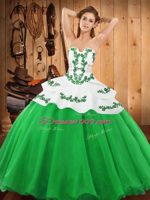 Strapless Sleeveless Quince Ball Gowns Floor Length Embroidery Green Satin and Organza