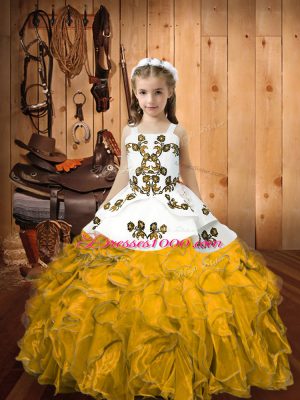 Gorgeous Sleeveless Organza Floor Length Lace Up Party Dresses in Gold with Embroidery and Ruffles