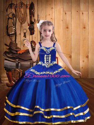 Floor Length Royal Blue Child Pageant Dress Straps Sleeveless Lace Up