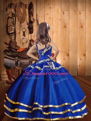 Floor Length Royal Blue Child Pageant Dress Straps Sleeveless Lace Up