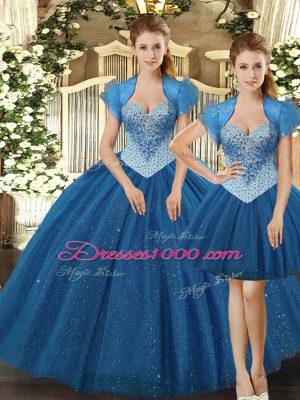 Most Popular Teal Tulle Lace Up Quinceanera Gown Sleeveless Floor Length Beading