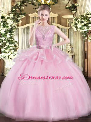 Hot Selling Lace 15 Quinceanera Dress Baby Pink Backless Sleeveless Floor Length