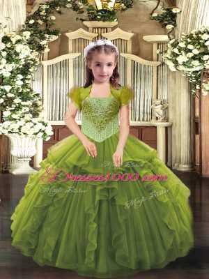 Great Floor Length Olive Green Juniors Party Dress Organza Sleeveless Beading and Ruffles