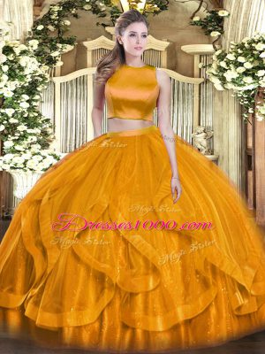 Fancy Floor Length Orange Red Sweet 16 Quinceanera Dress Tulle Sleeveless Ruffles