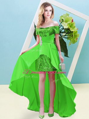 Off The Shoulder Short Sleeves Prom Party Dress High Low Beading Green Elastic Woven Satin and Sequined