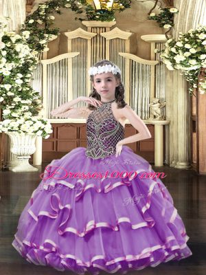 Sleeveless Organza Floor Length Lace Up Kids Pageant Dress in Lavender with Beading