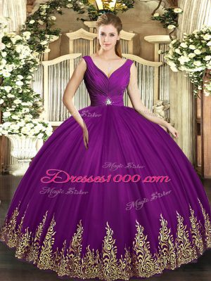 Lovely Tulle V-neck Sleeveless Backless Beading and Appliques and Ruching Sweet 16 Dresses in Eggplant Purple