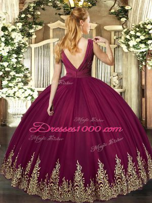 Lovely Tulle V-neck Sleeveless Backless Beading and Appliques and Ruching Sweet 16 Dresses in Eggplant Purple