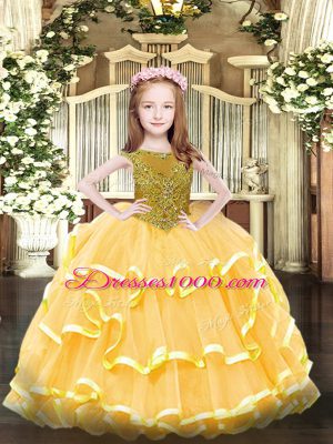 Organza Scoop Sleeveless Zipper Beading and Ruffled Layers Kids Pageant Dress in Orange