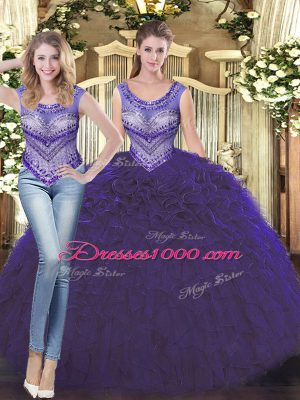 Decent Purple Tulle Lace Up Scoop Sleeveless Floor Length Quince Ball Gowns Beading and Ruffles
