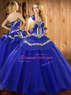 Dazzling Blue Tulle Lace Up Quinceanera Dress Sleeveless Floor Length Ruffles