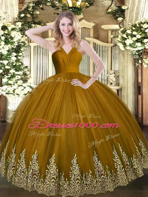 Sleeveless Tulle Floor Length Zipper Quince Ball Gowns in Brown with Appliques