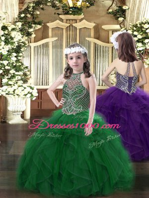 Elegant Dark Green Halter Top Neckline Beading and Ruffles High School Pageant Dress Sleeveless Lace Up