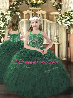 Dark Green Sleeveless Beading and Ruffles Floor Length Pageant Dress for Teens