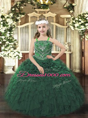 Dark Green Sleeveless Beading and Ruffles Floor Length Pageant Dress for Teens