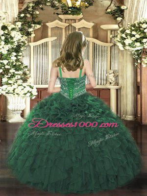 Dark Green Sleeveless Beading and Ruffles Floor Length Pageant Dress for Teens