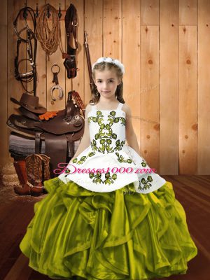 Organza Straps Sleeveless Lace Up Embroidery and Ruffles Child Pageant Dress in Olive Green