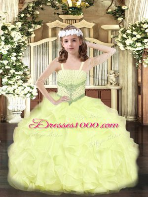 Yellow Lace Up Little Girls Pageant Dress Wholesale Beading and Ruffles Sleeveless Floor Length