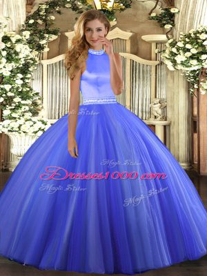 Stylish Blue Sleeveless Floor Length Beading Backless Vestidos de Quinceanera