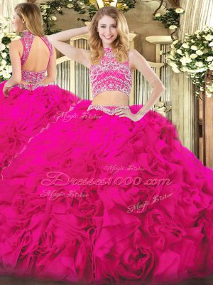 Floor Length Backless Vestidos de Quinceanera Hot Pink for Military Ball and Sweet 16 and Quinceanera and Beach with Beading and Ruffles