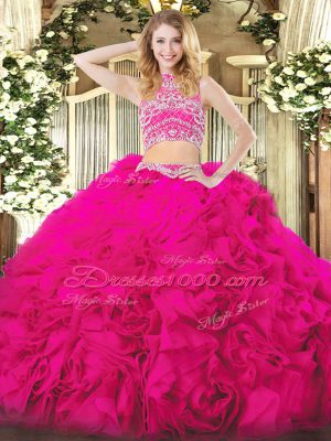 Floor Length Backless Vestidos de Quinceanera Hot Pink for Military Ball and Sweet 16 and Quinceanera and Beach with Beading and Ruffles