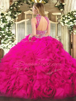 Floor Length Backless Vestidos de Quinceanera Hot Pink for Military Ball and Sweet 16 and Quinceanera and Beach with Beading and Ruffles