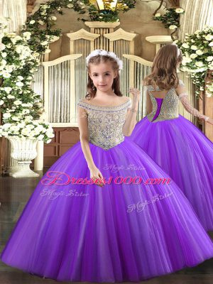 Ball Gowns Little Girl Pageant Gowns Purple Off The Shoulder Tulle Sleeveless Floor Length Lace Up