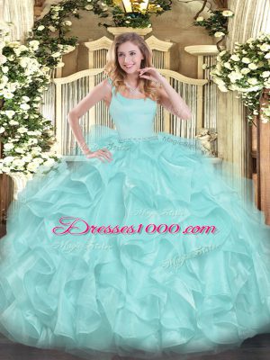 Aqua Blue Organza Zipper Straps Sleeveless Floor Length Sweet 16 Dress Beading and Ruffles