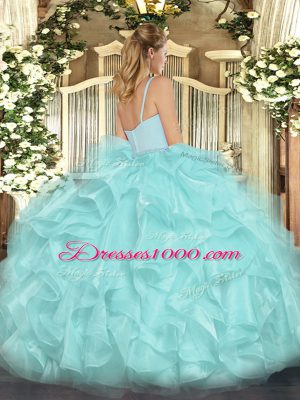 Aqua Blue Organza Zipper Straps Sleeveless Floor Length Sweet 16 Dress Beading and Ruffles